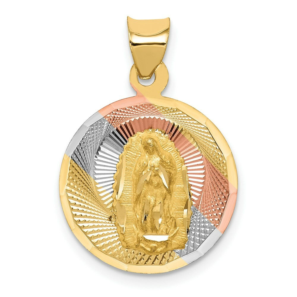 14K Yellow Gold & Rhodium Polished & Diamond-cut Lady of Guadalupe Circle Pendant