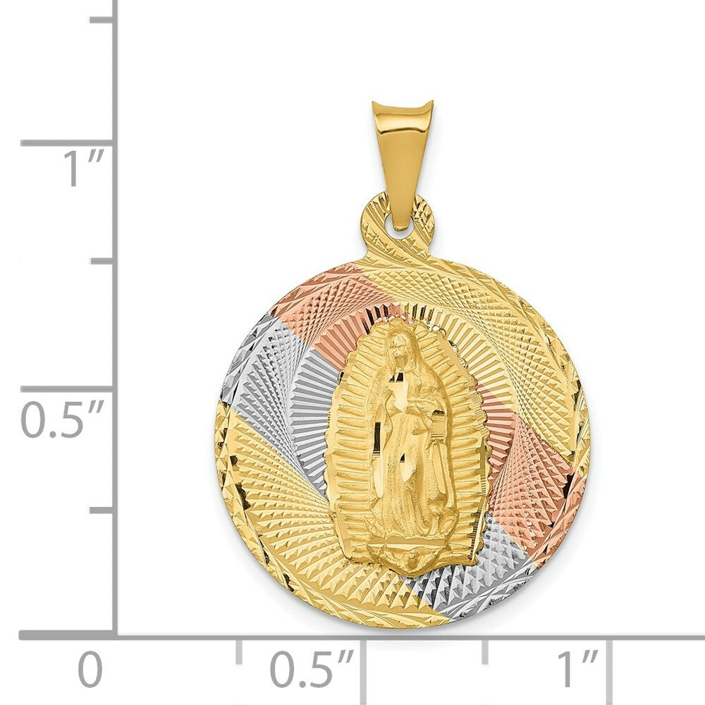 14K Yellow Gold & Rhodium Polished & Diamond-cut Lady of Guadalupe Circle Pendant