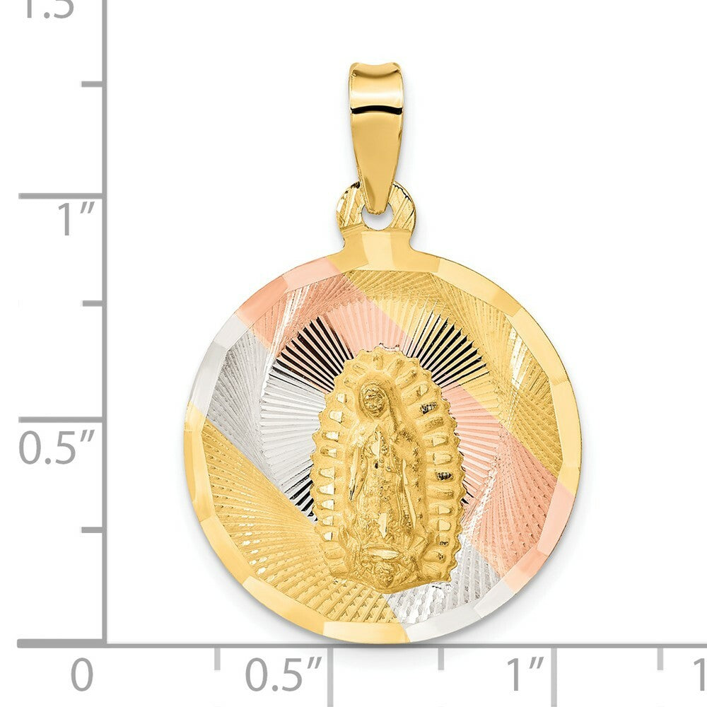 14K Yellow Gold & Rhodium Polished & Diamond-cut Lady of Guadalupe Circle Pendant