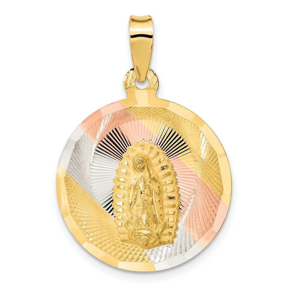 14K Yellow Gold & Rhodium Polished & Diamond-cut Lady of Guadalupe Circle Pendant