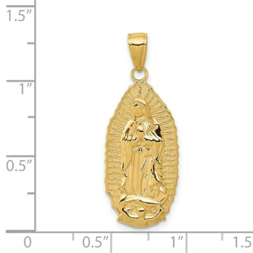 14K Yellow Gold Polished Guadalupe Oval Disc Engraved Pendant