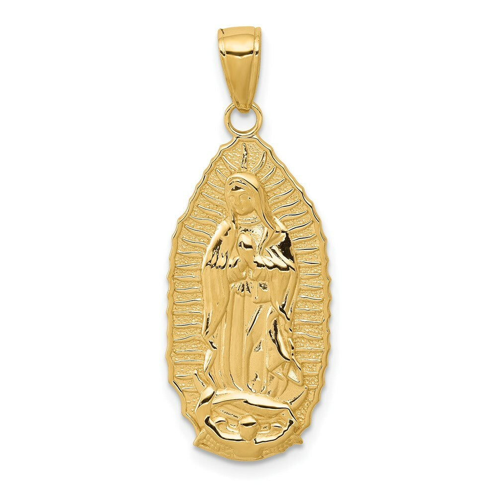 14K Yellow Gold Polished Guadalupe Oval Disc Engraved Pendant