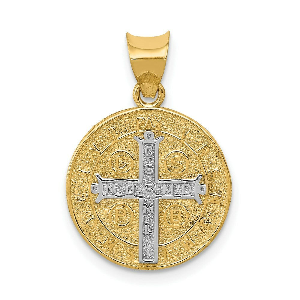 14K Yellow Gold With Rhodium Circle St. Benedict Medal Pendant