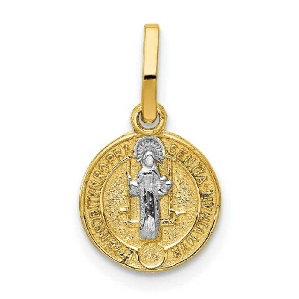 14K Yellow Gold With Rhodium Circle St. Benedict Medal Pendant
