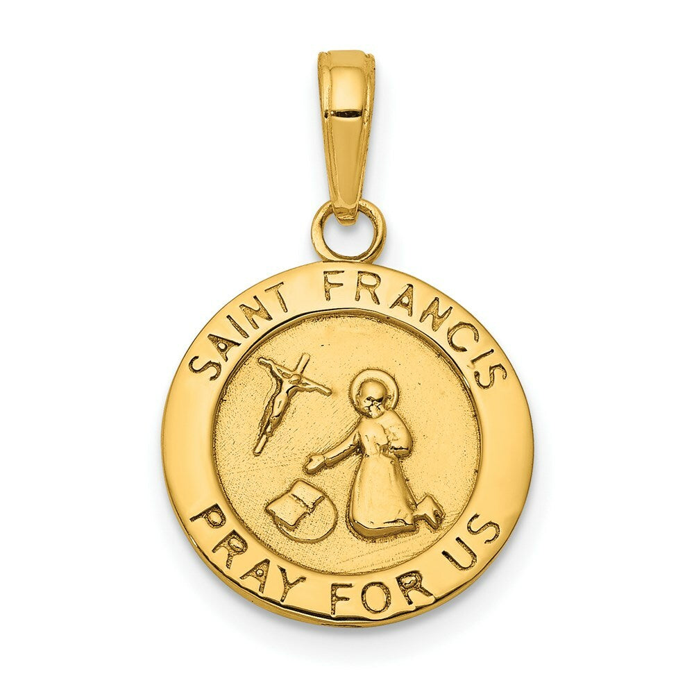 14K Yellow Gold Satin and Polished Finish Saint Francis Medal Pendant
