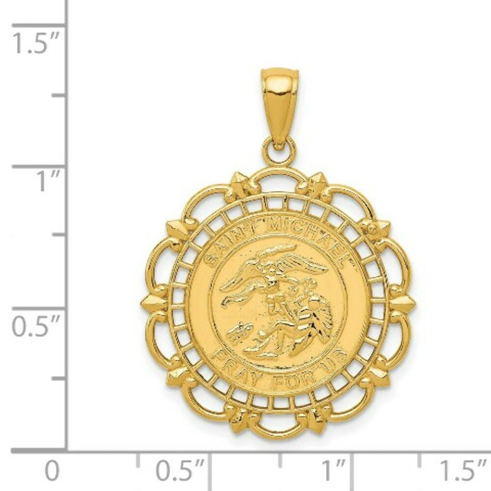 14K Yellow Gold Polished & Satin Saint Michael Medal Pendant