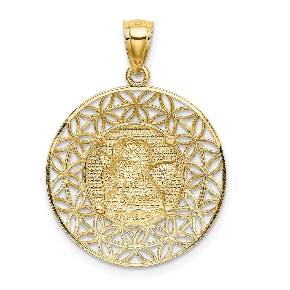 14K Yellow Gold Polished Angel Diamond-cut Medal Pendant