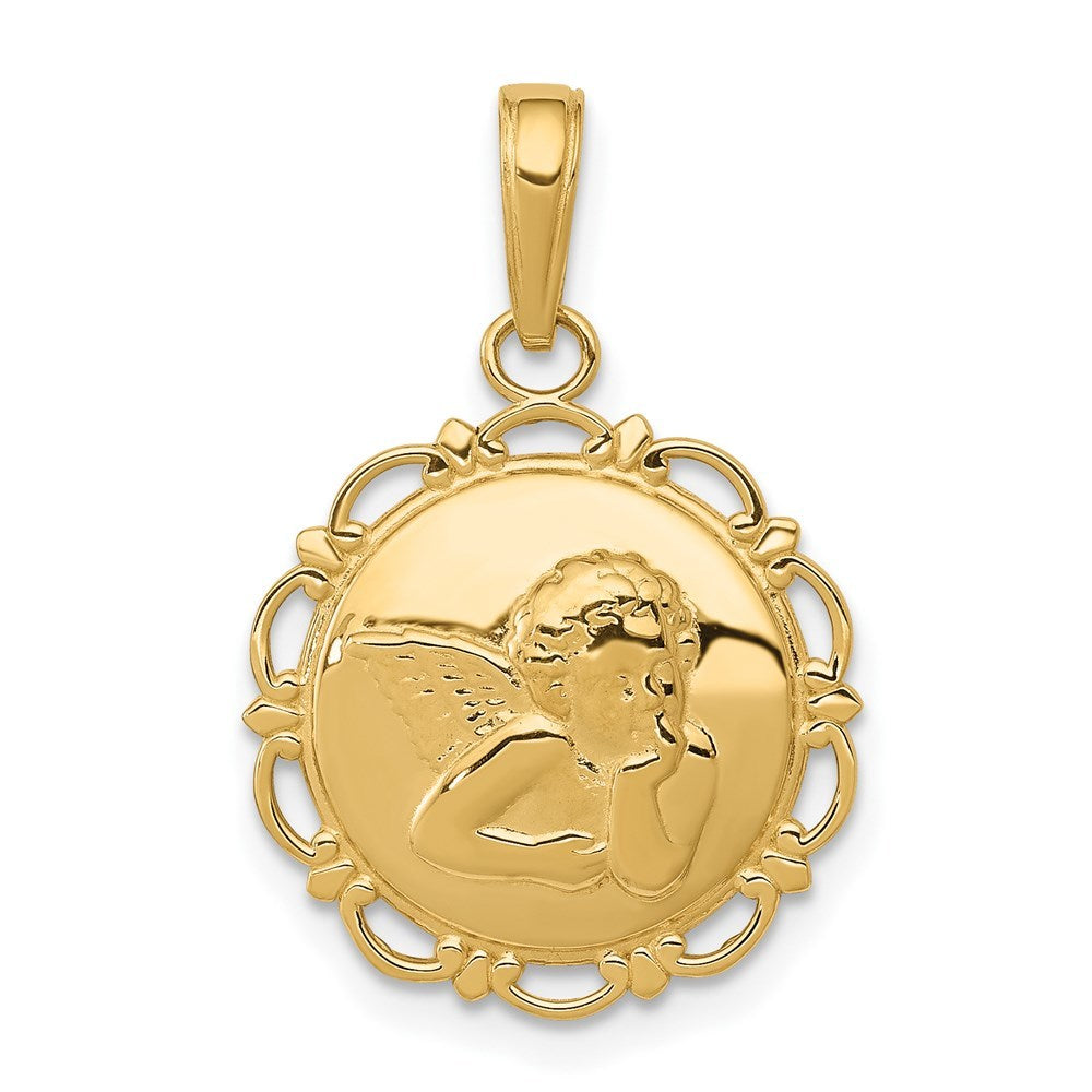 14K Yellow Gold Polished Angel/Cherub on Round Scallop Frame Pendant