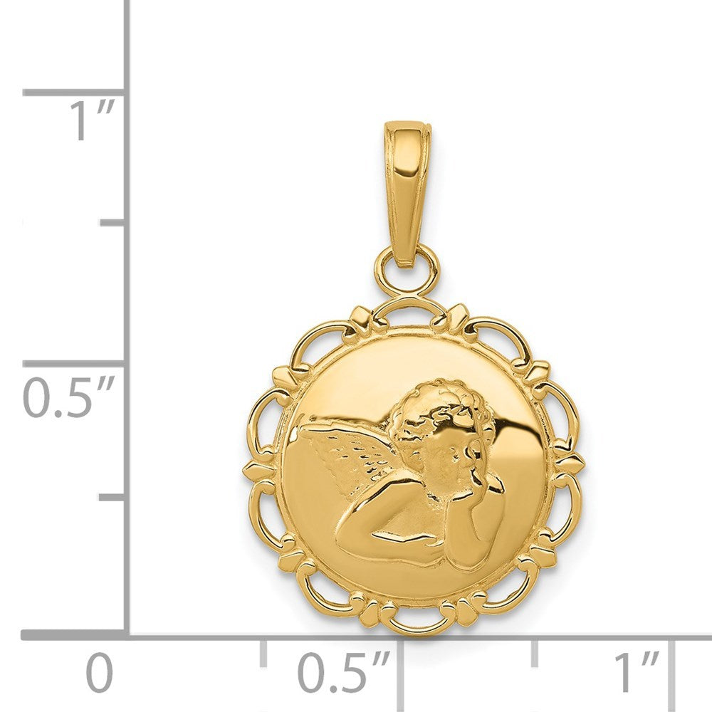 14K Yellow Gold Polished Angel/Cherub on Round Scallop Frame Pendant