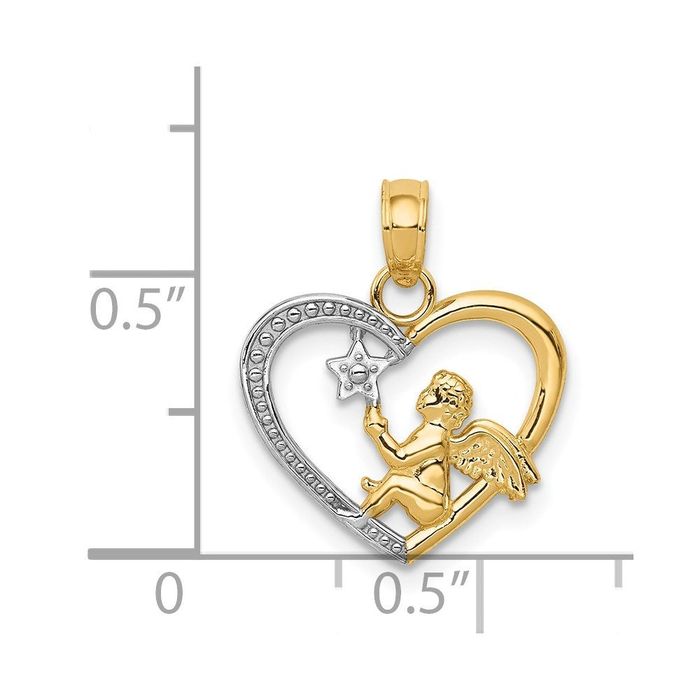 14K Yellow Gold w/Rhodium Angel in Heart w/ Star Pendant