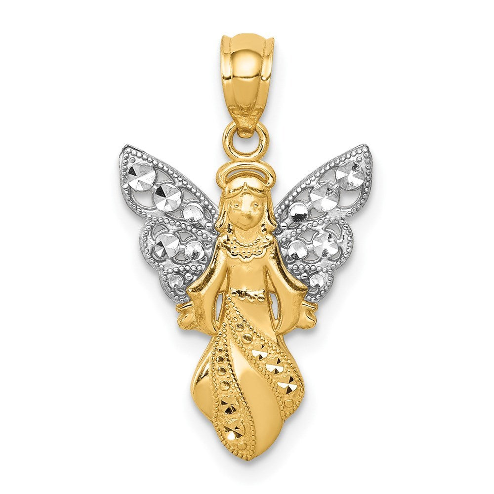 14K Yellow Gold w/Rhodium Polished & Textured Angel Pendant