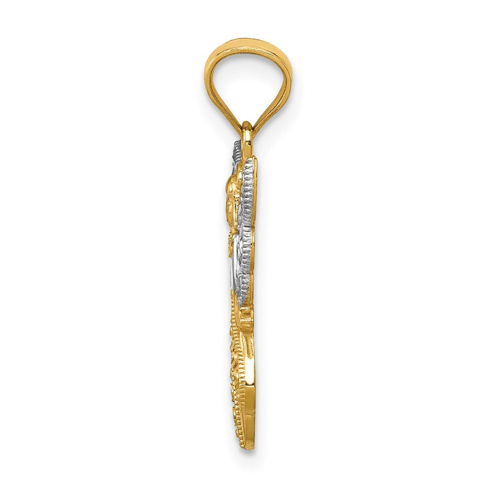 14K Yellow Gold w/Rhodium Polished & Textured Angel Pendant