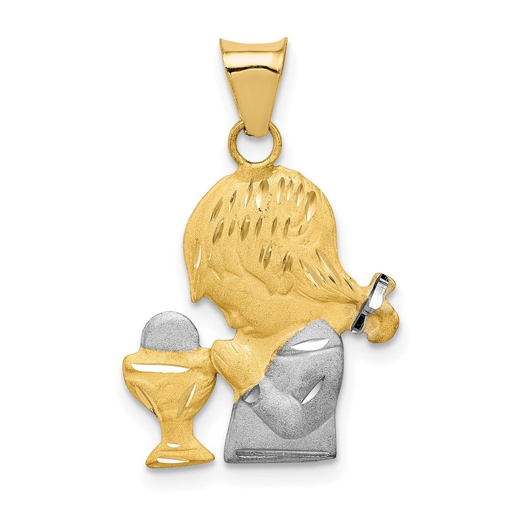 14K Yellow Gold w/Rhodium Satin & Polished Diamond-cut Girl Communion Pendant
