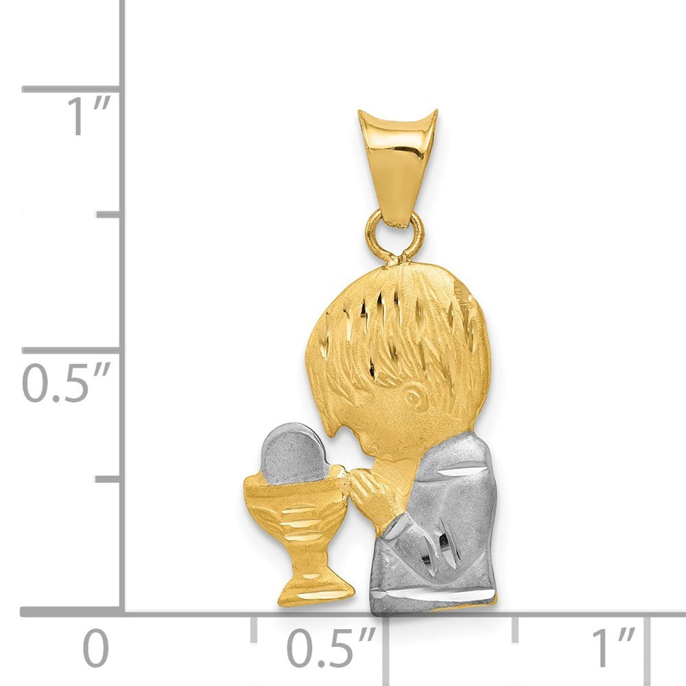 14K Yellow Gold w/Rhodium Satin & Polished Diamond-cut Boy Communion Pendant