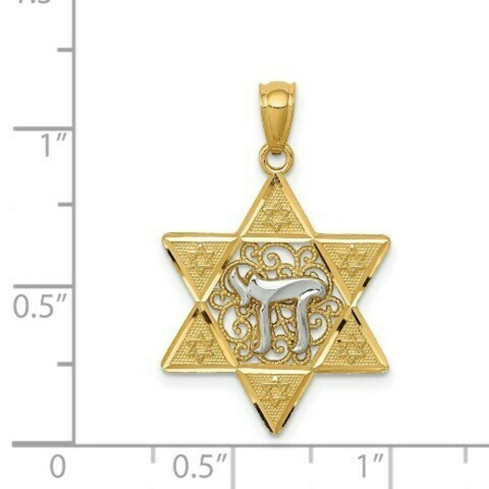 14K Two-tone Gold Polished Star of David with Chai Pendant