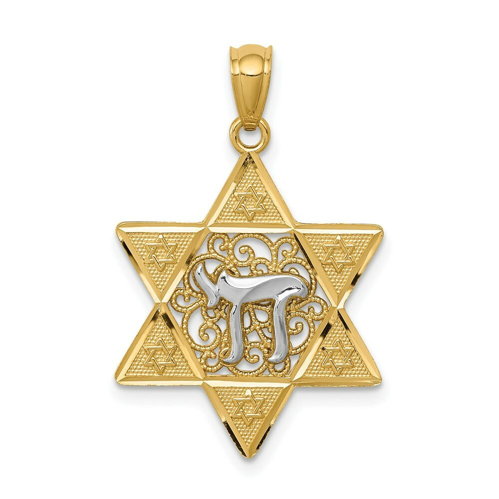 14K Two-tone Gold Polished Star of David with Chai Pendant