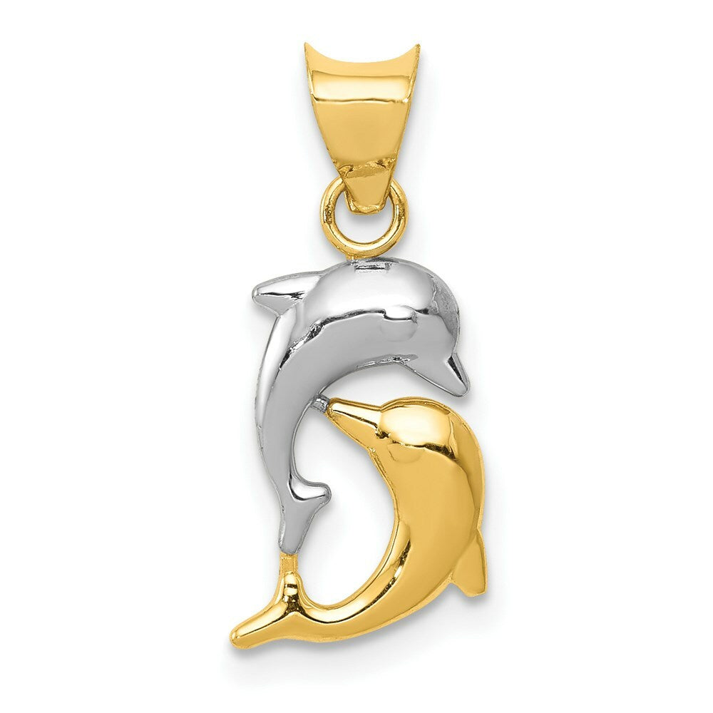 14K Yellow Gold & Rhodium Polished and Diamond-cut Dolphins Pendant