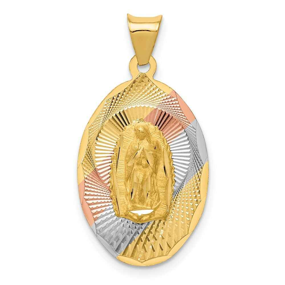14K Yellow Gold & Rhodium Polished & Diamond-cut Lady of Guadalupe Oval Pendant