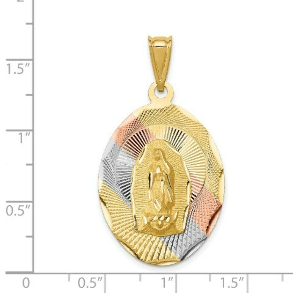 14K Yellow Gold & Rhodium Polished & Diamond-cut Lady of Guadalupe Oval Pendant