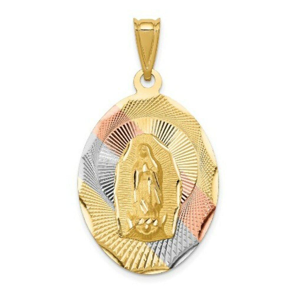 14K Yellow Gold & Rhodium Polished & Diamond-cut Lady of Guadalupe Oval Pendant