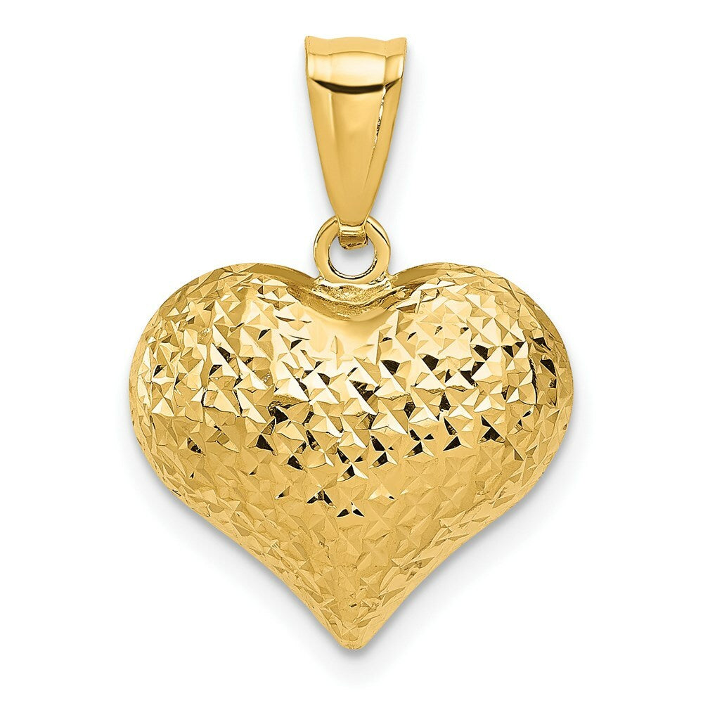 Puffed Heart Pendant in 14k Yellow Gold Polished Diamond-cut Textured