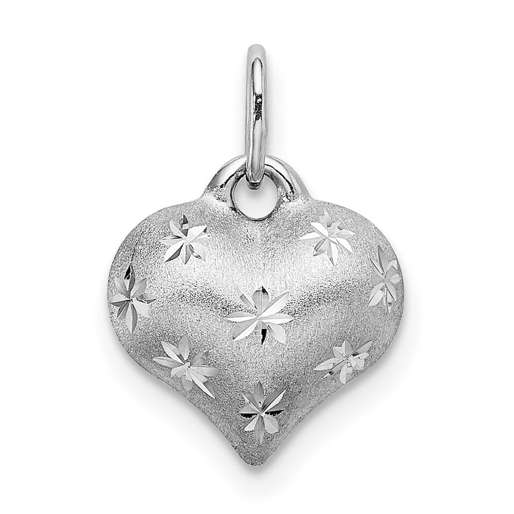 14k White Gold Satin & Diamond Cut Puffed Heart Pendant