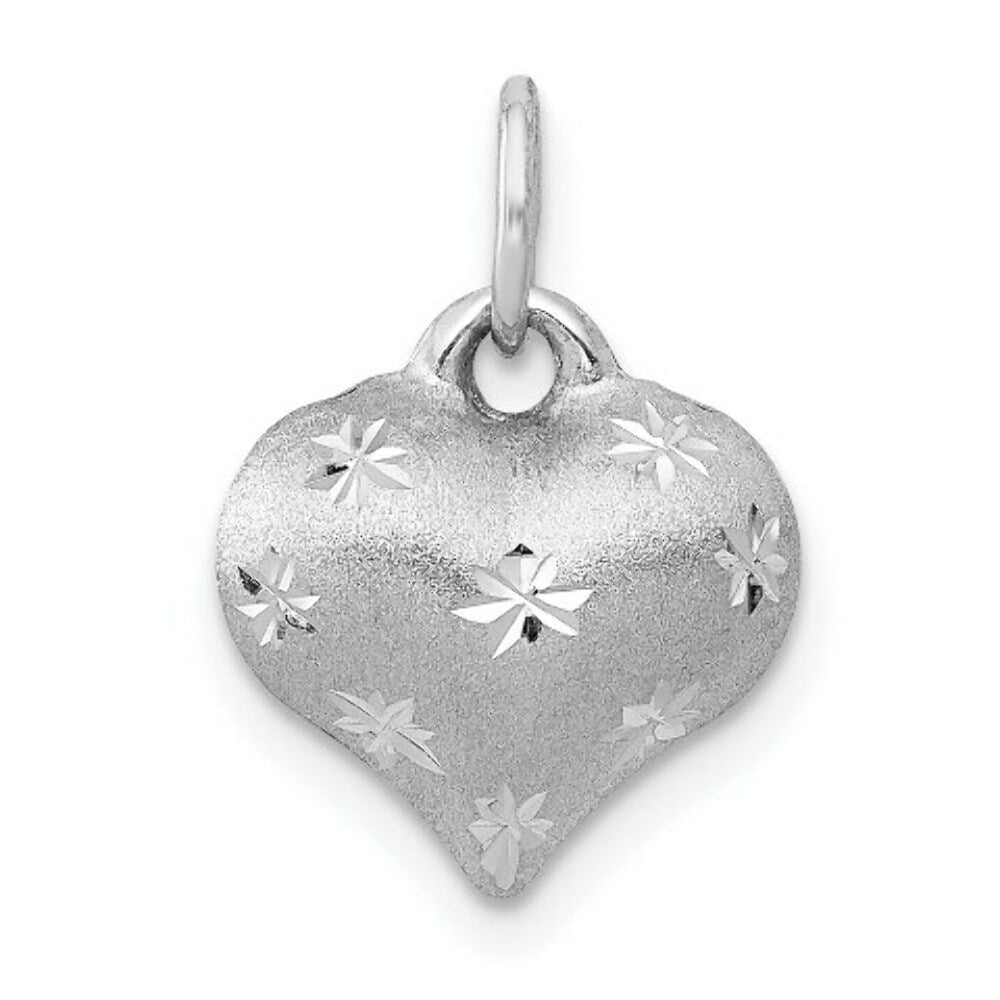 14k White Gold Satin & Diamond Cut Puffed Heart Pendant