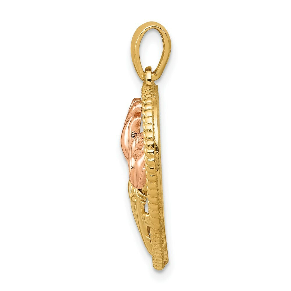 14k Yellow & Rose Polished Roses Basketweave Heart Pendant