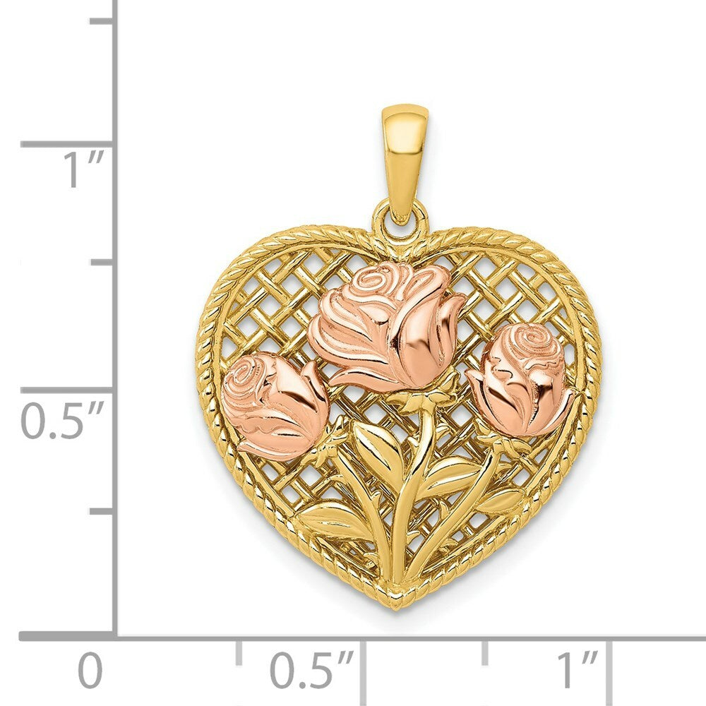 14k Yellow & Rose Polished Roses Basketweave Heart Pendant