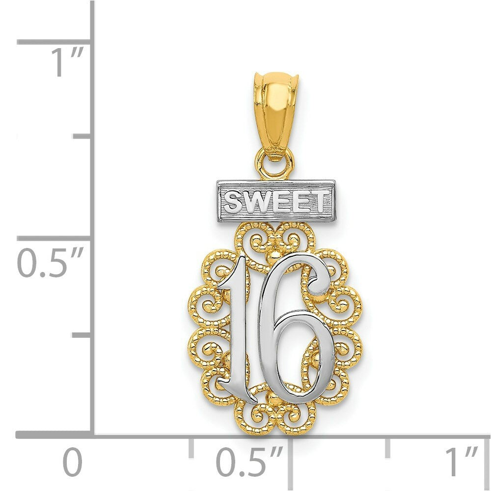 14K Two-tone Gold with Rhodium Sweet 16 w/Filigree Pendant