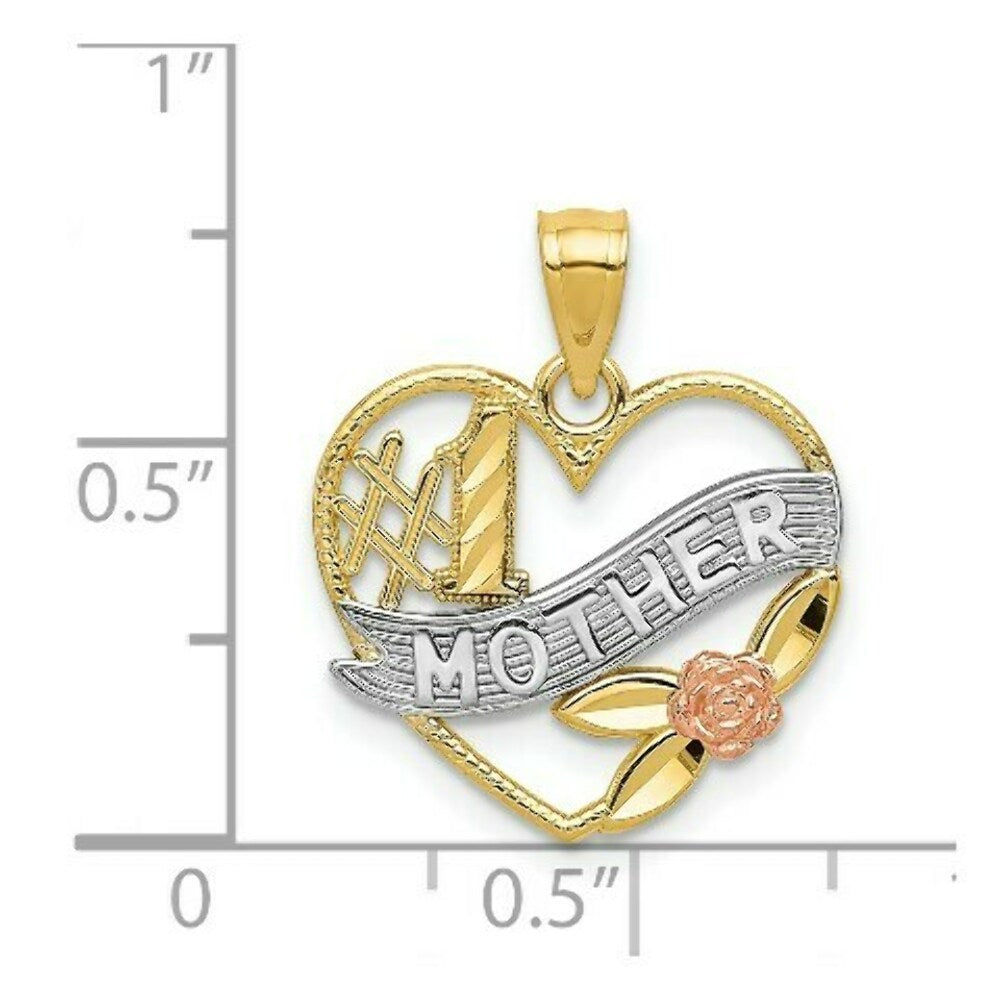 14k Tri-Color Yellow & Rose Gold Diamond-cut #1 Mother in Heart with Rose Pendant