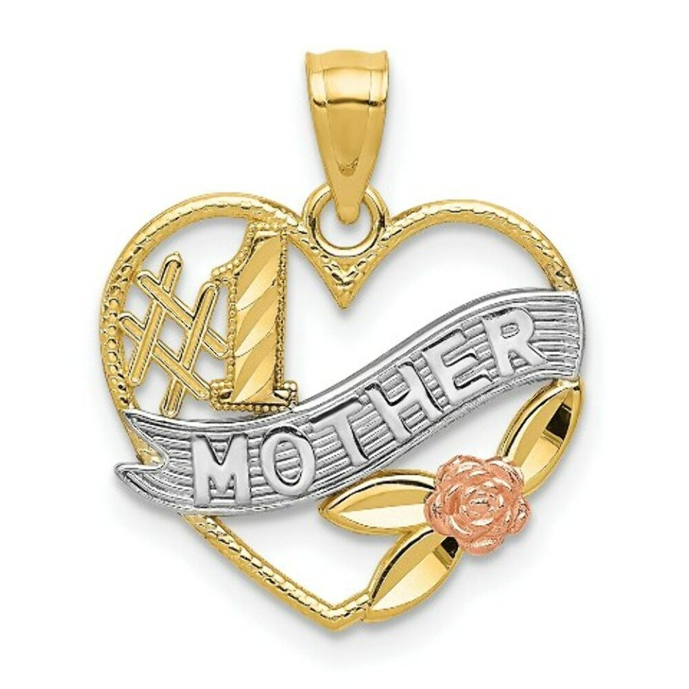 14k Tri-Color Yellow & Rose Gold Diamond-cut #1 Mother in Heart with Rose Pendant