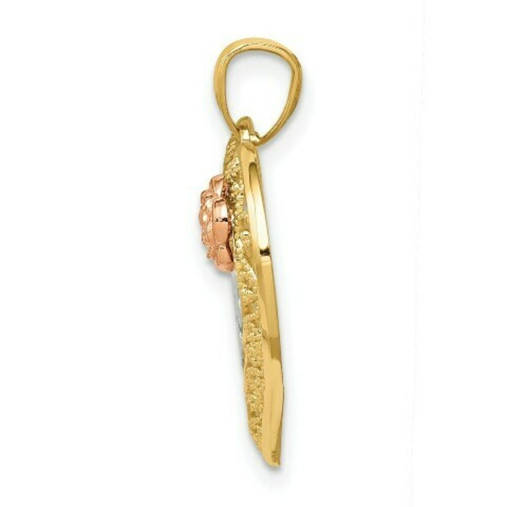 14k Tri-Color Yellow & Rose Diamond-cut Mom in Heart w/Rose Pendant