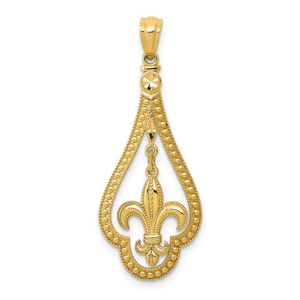 14k Yellow Gold Diamond-cut Polished Fleur de Lis Dangle Pendant
