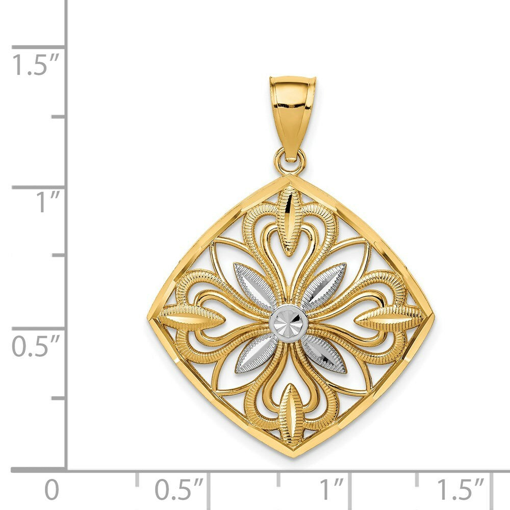 14k Two-tone Gold Rhodium Diamond-cut Polished Fancy Square Pendant