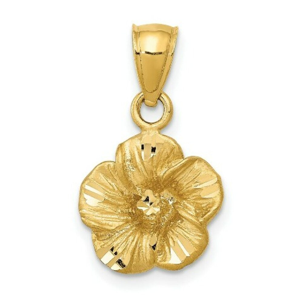 14k Yellow Gold Satin Diamond-cut Hibiscus Pendant