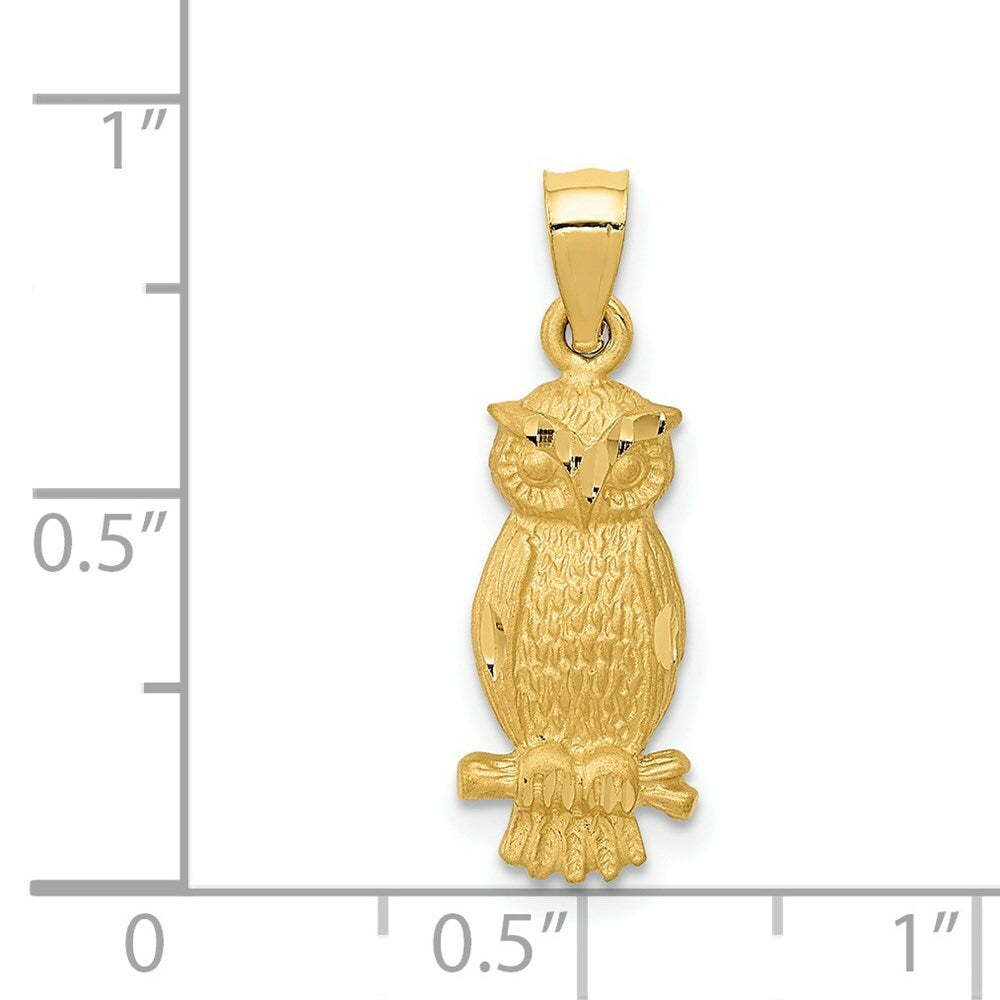 14k Yellow Gold Satin Diamond-cut Owl Pendant