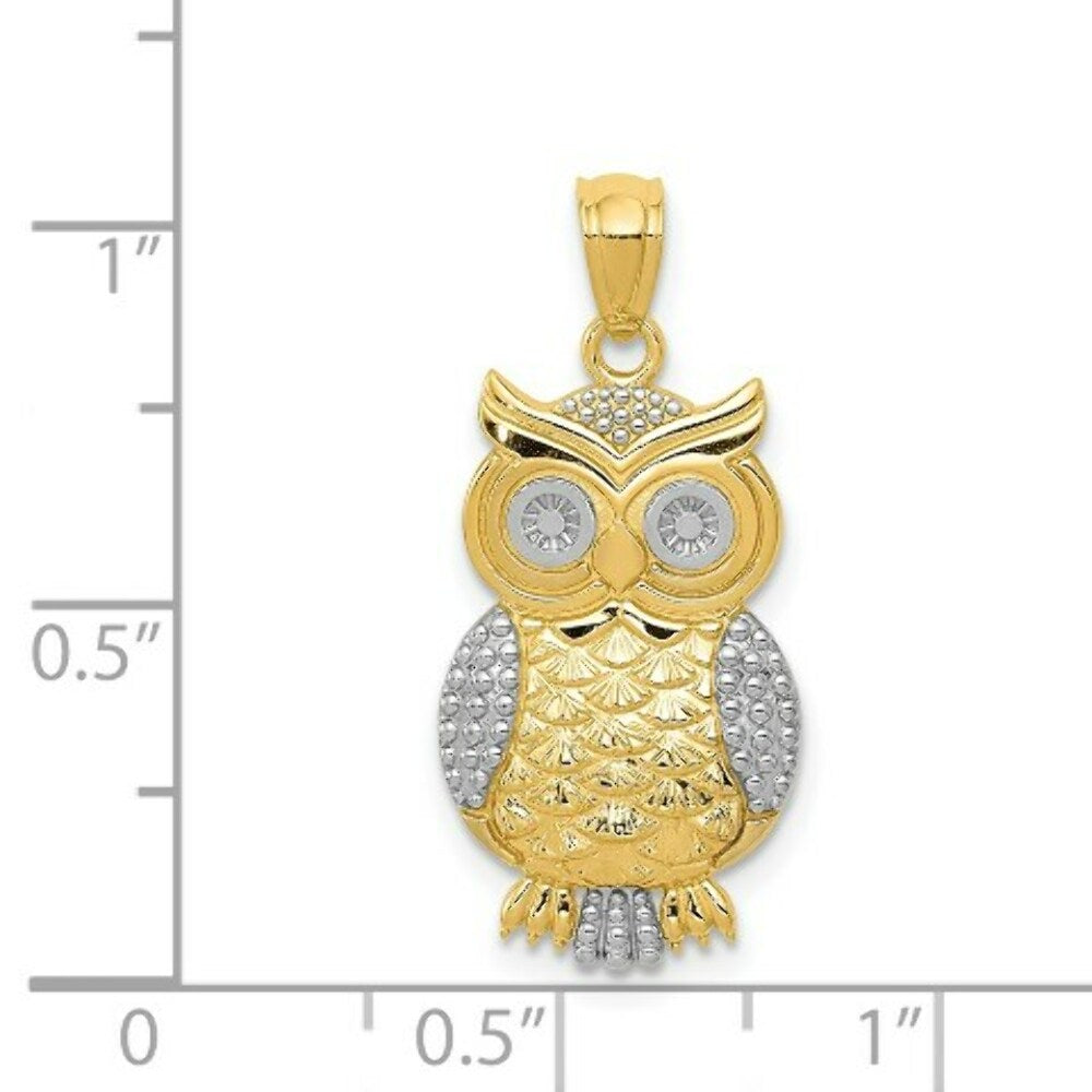 14K Two-tone Gold with Rhodium Polished & Textured Owl Pendant