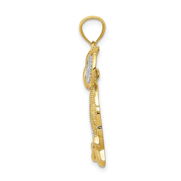 14K Two-tone Gold with Rhodium Diamond-cut Polished Moveable Owl Pendant