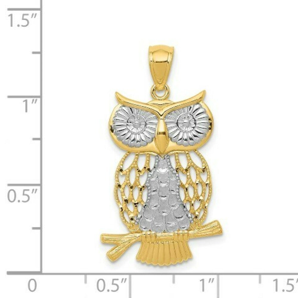14K Two-tone Gold with Rhodium Diamond-cut Polished Moveable Owl Pendant