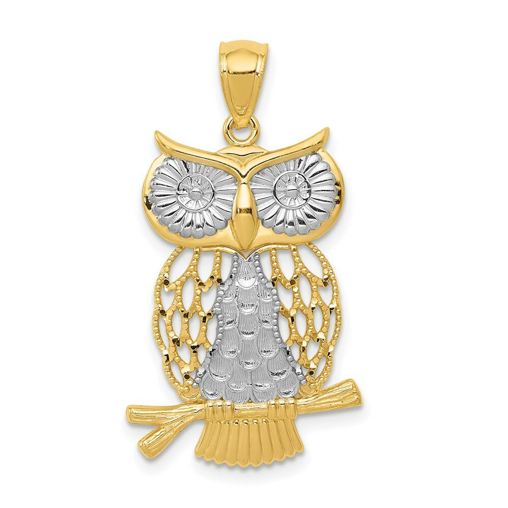 14K Two-tone Gold with Rhodium Diamond-cut Polished Moveable Owl Pendant