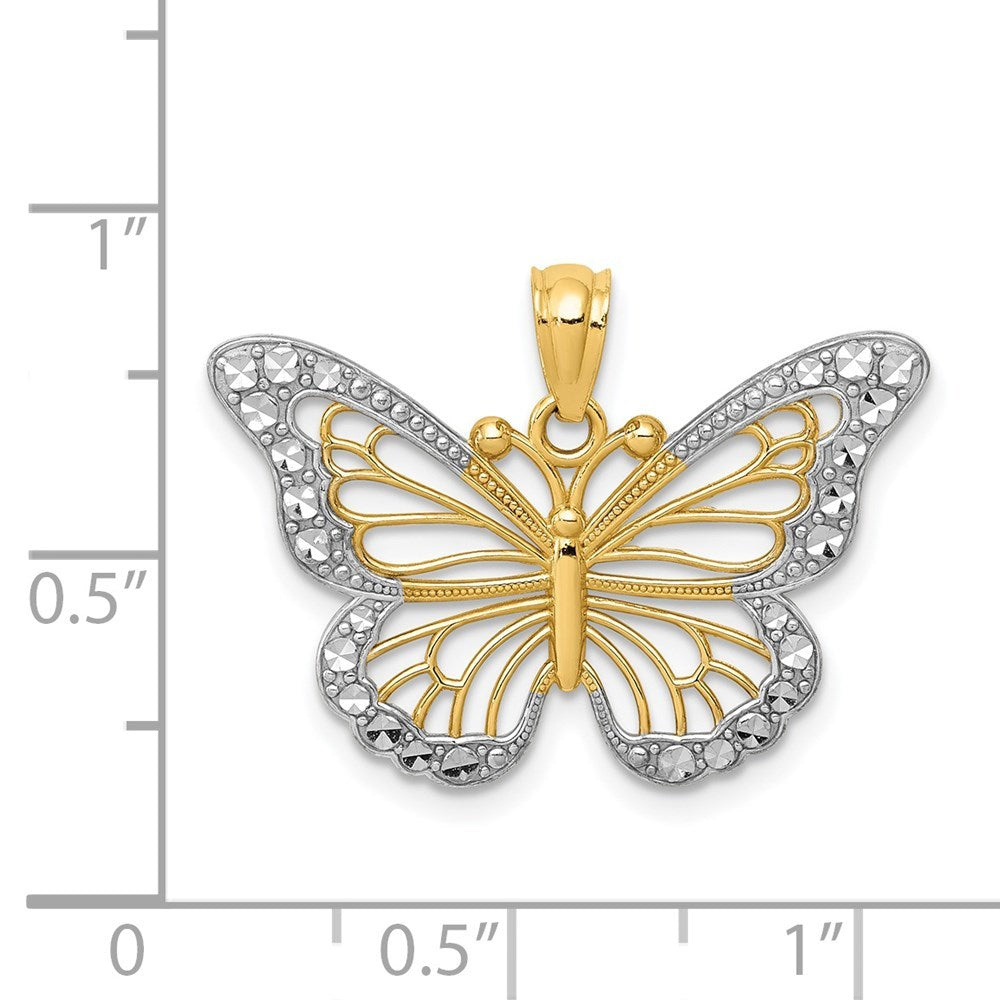 14K Two-tone Gold with Rhodium Diamond-cut Polished Open Butterfly Pendant
