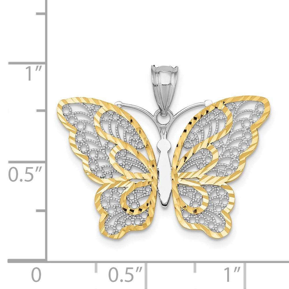 14K Two-tone Gold with Rhodium Polished Filigree Butterfly Pendant