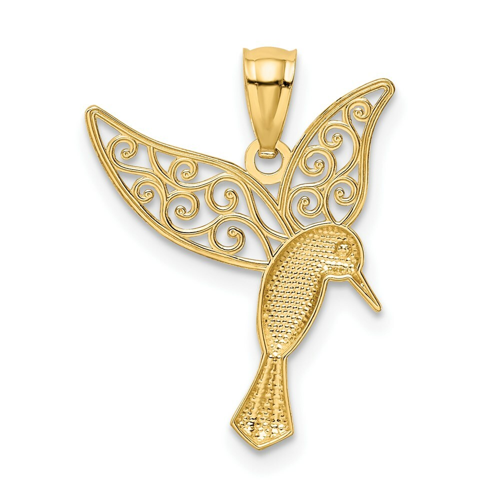 14K Two-tone Gold with Rhodium Polished Hummingbird Filigree Wings Pendant