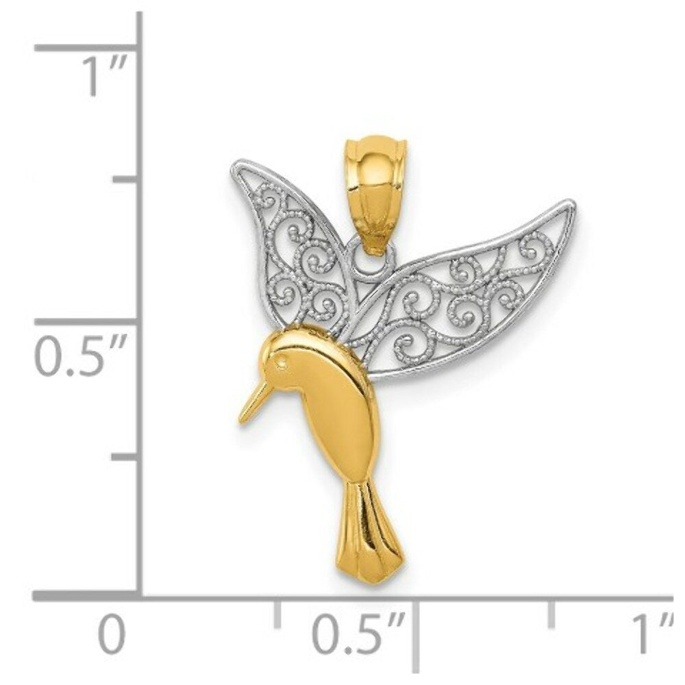 14K Two-tone Gold with Rhodium Polished Hummingbird Filigree Wings Pendant