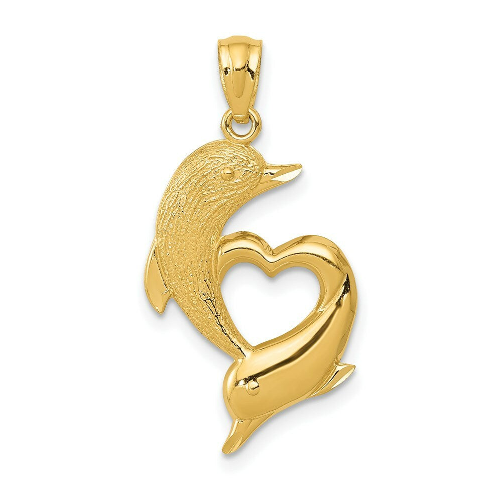 14K Yellow Gold Diamond-cut Satin & Polished Dolphins Heart Pendant
