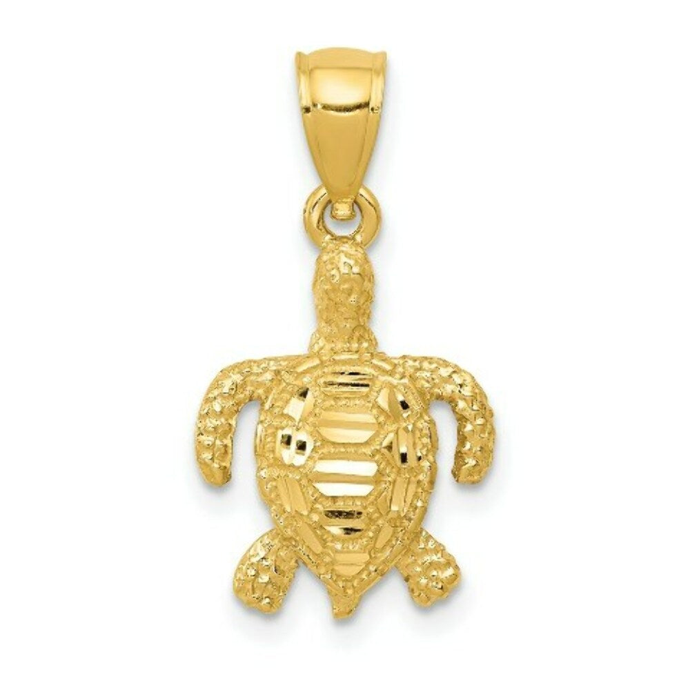 14K Yellow Gold Polished and Textured Diamond-cut Sea Turtle Pendant