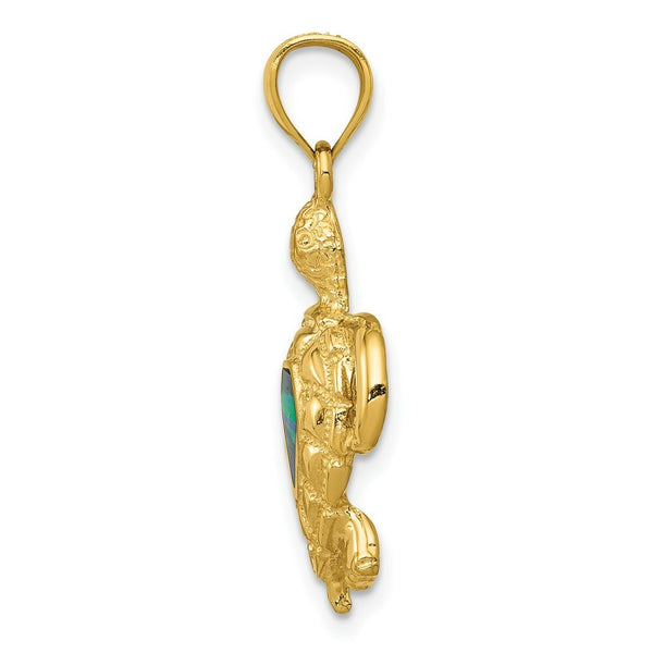 14k Yellow Gold Polished w/Created Blue Opal Turtle Pendant