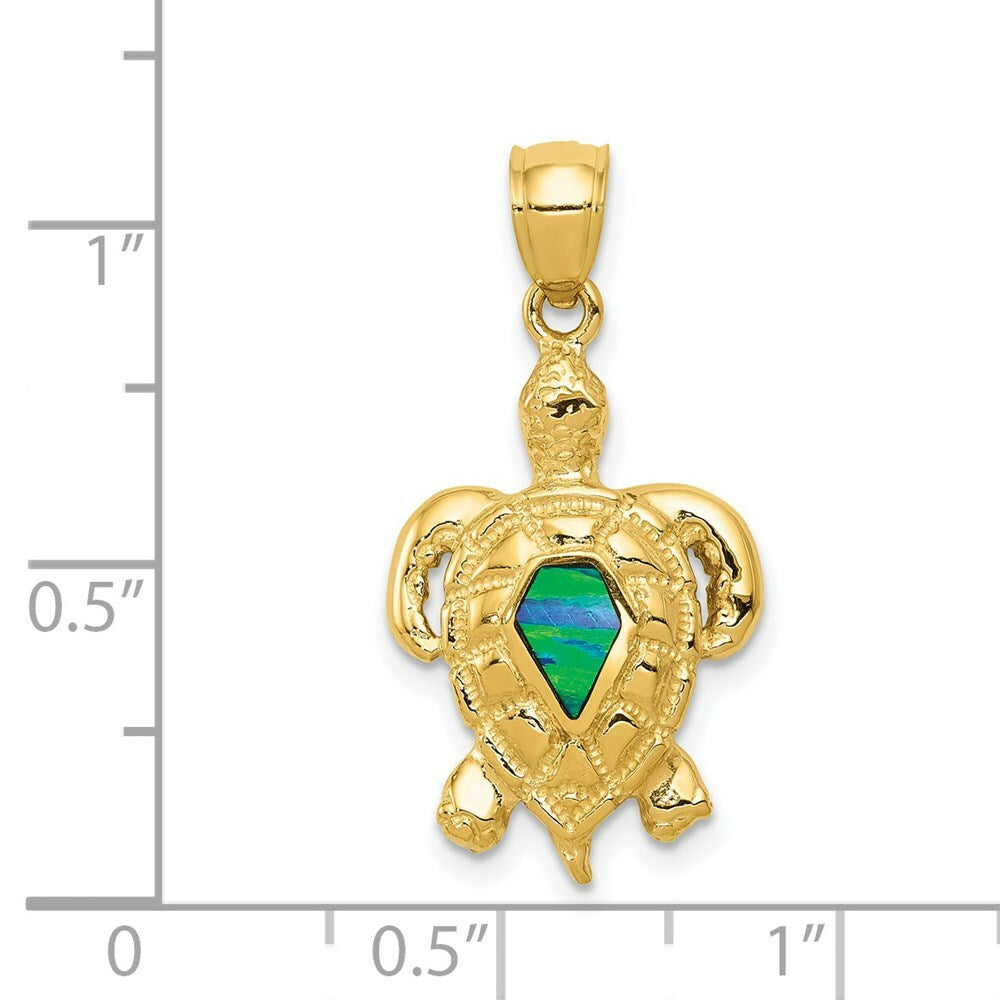 14k Yellow Gold Polished w/Created Blue Opal Turtle Pendant