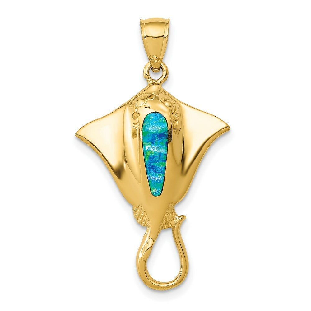 14k Yellow Gold Polished w/Created Blue Opal Stingray Pendant